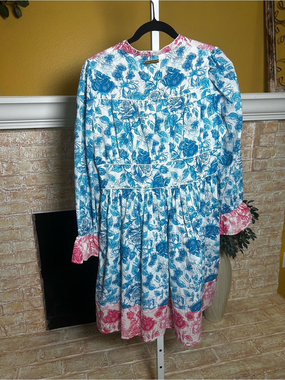 Simply Southern Blue Pink Floral Toile Ruffle Dress S Coastal old money #629 - Picture 6 of 12